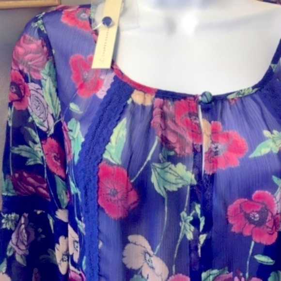 LC Lauren Conrad Womens Boho Blue Floral Chiffon Bell Sleeve Blouse Sz S New - Picture 3 of 7